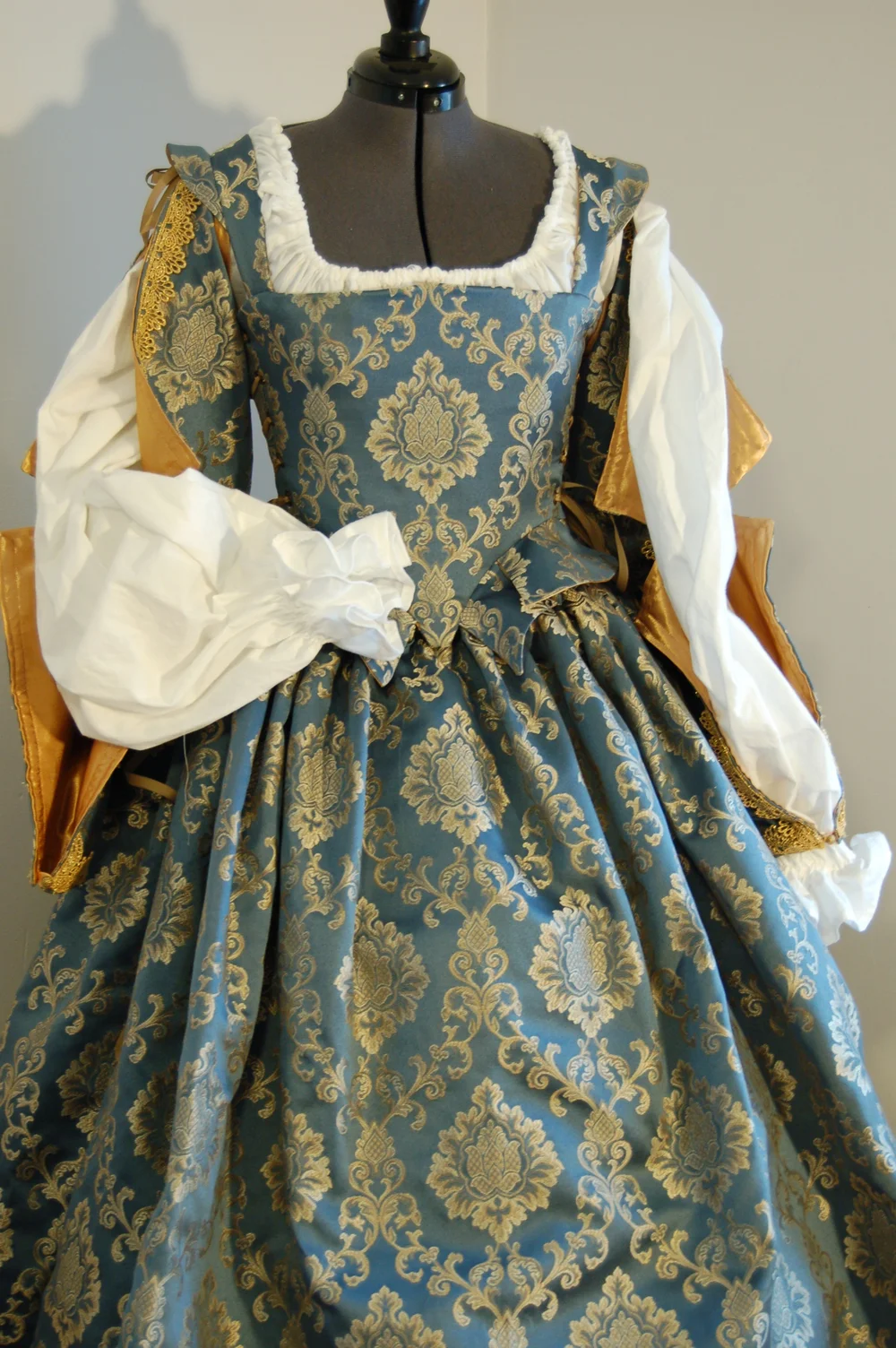 Blue and Gold Elizabethan Gown with Spanish Sleeves  Courtly Clothier