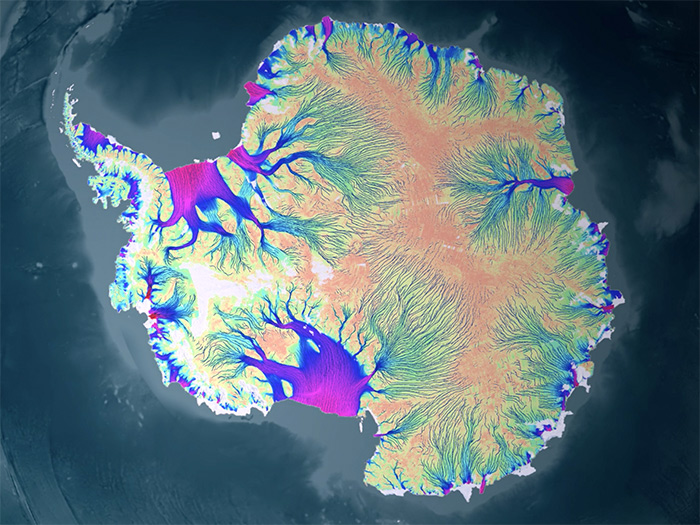 南极洲冰川流速。(美国航天局NASA哥达德太空飞行中心科学可视化工作室提供)