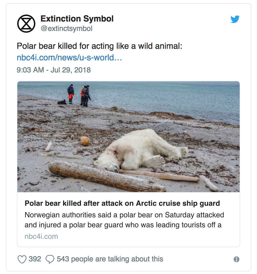 Extinction Symbol的推文翻译:【北极熊因为拥有野生动物的习性而被杀。】