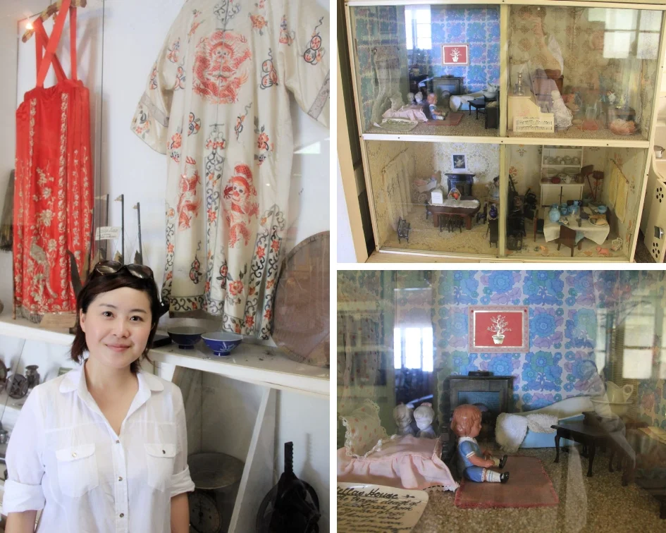 左图为作者在博物馆内的19世纪华人矿工生活展品前;右上图和右下图为19世纪城镇小孩使用过的玩具房子
