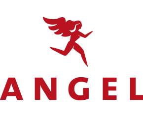 A red angel with wings flying above the word 'ANGEL' in red text.