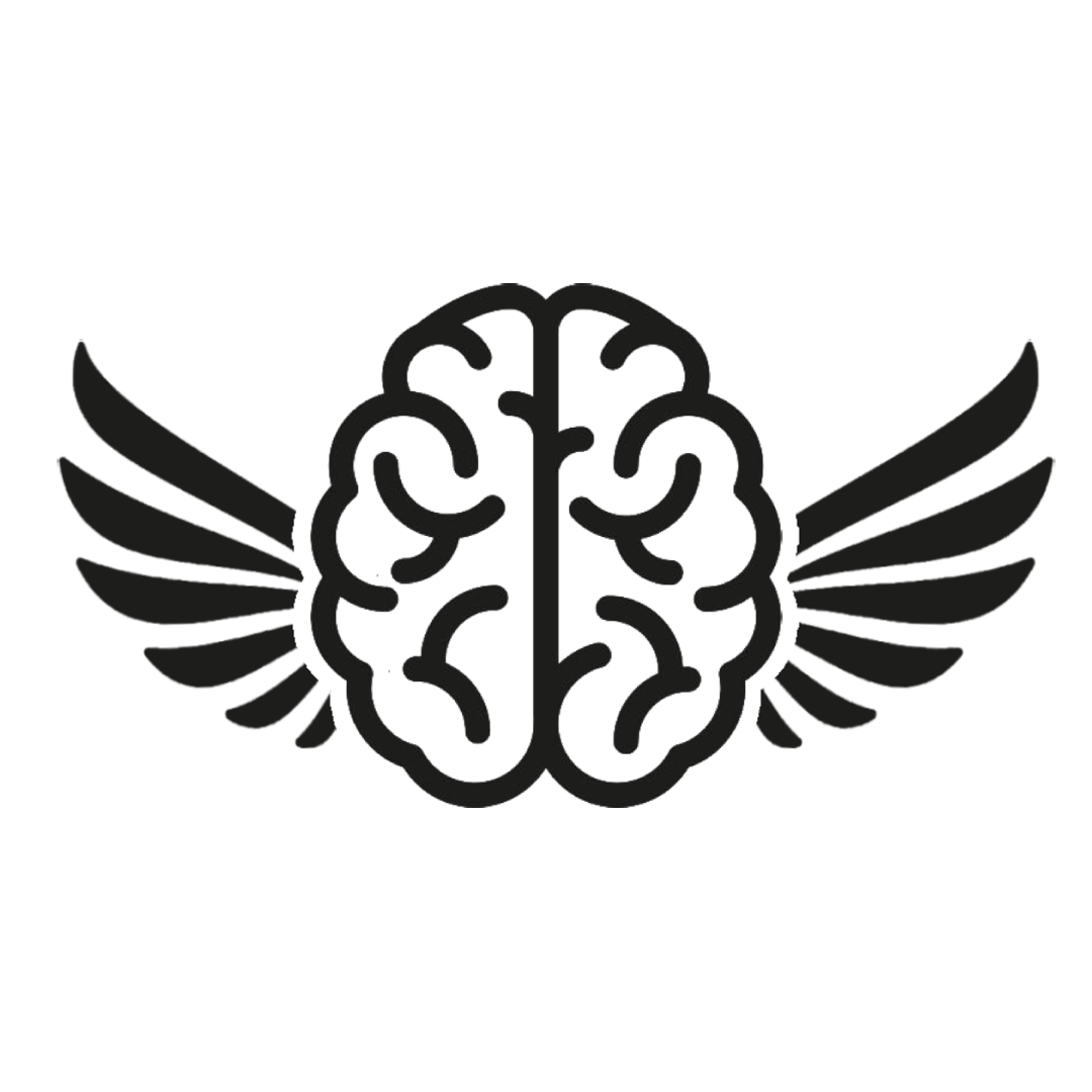 A black outline of a brain with wings on each side