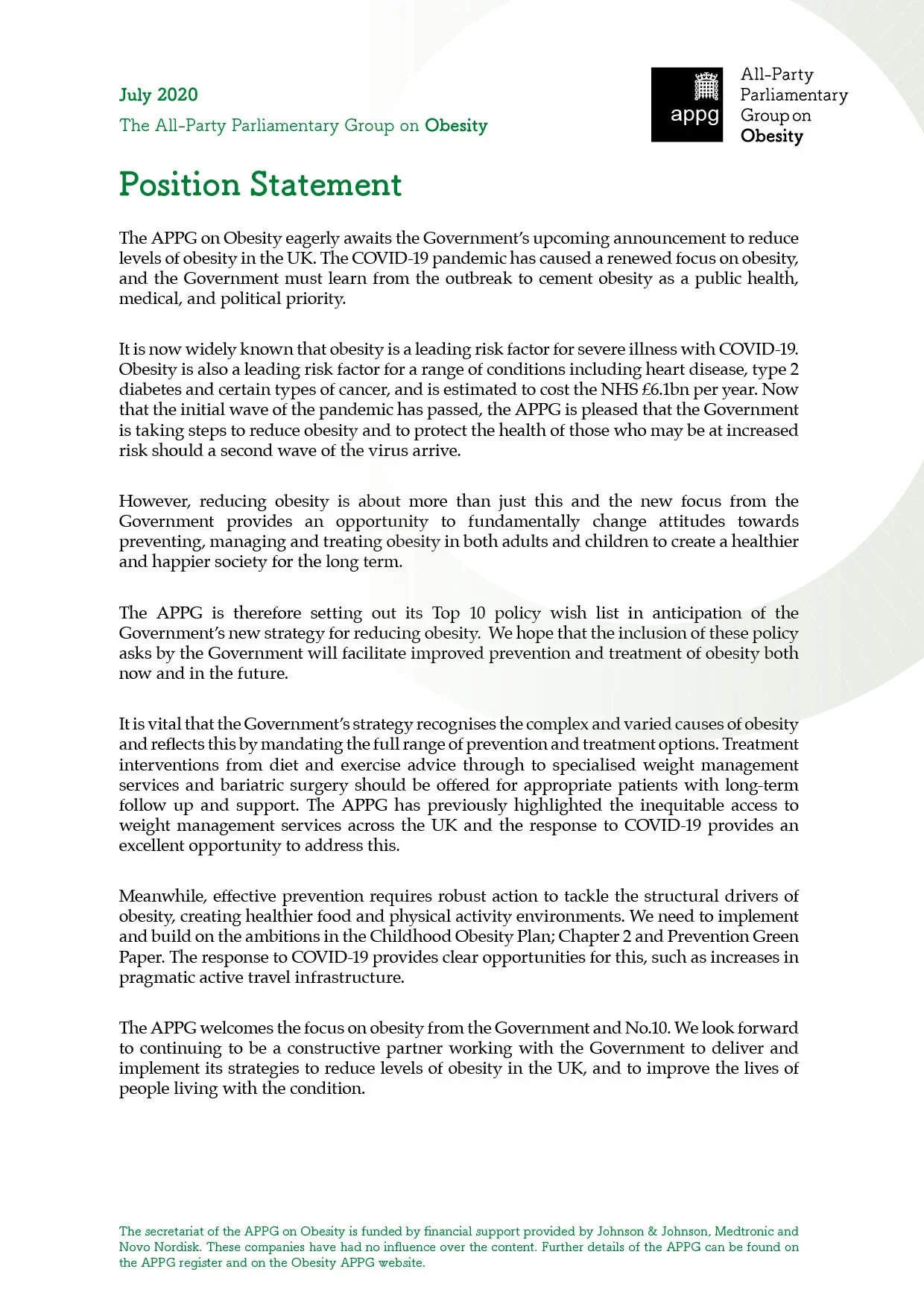 The APPG on Obesity’s Position Statement