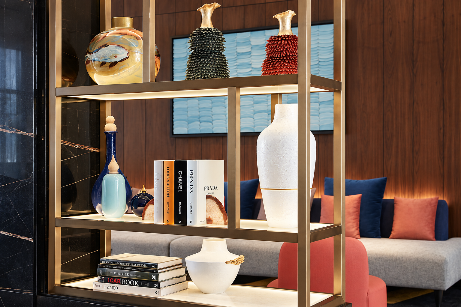 Curated brass shelves and blue artwork.png