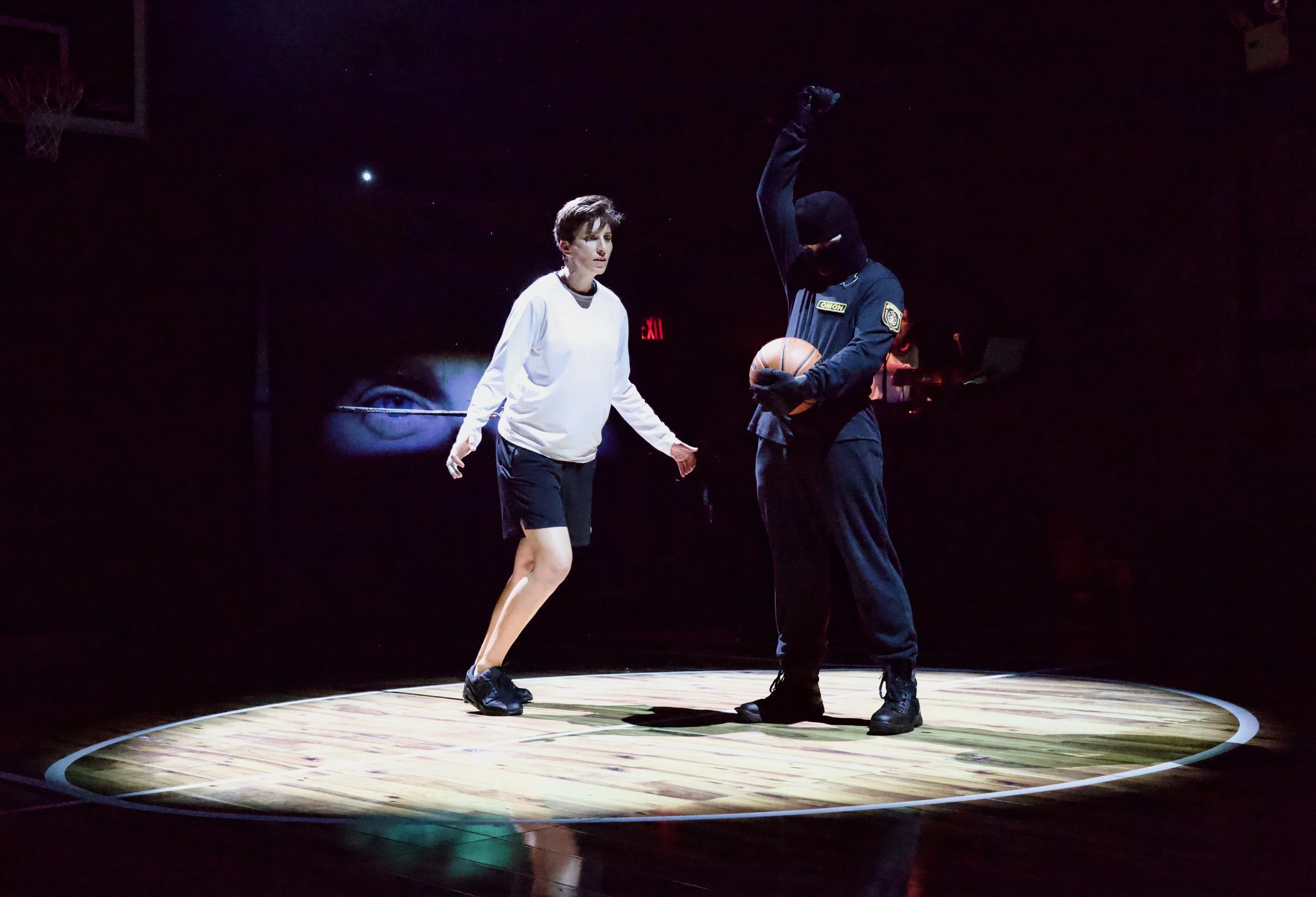 Katsiaryna Snytsina (left) and Raman Shytsko (right) as riot police in KS6_ Small Forward, a Belarus Free Theatre production. Photo by Nicolai Khalezin.jpeg