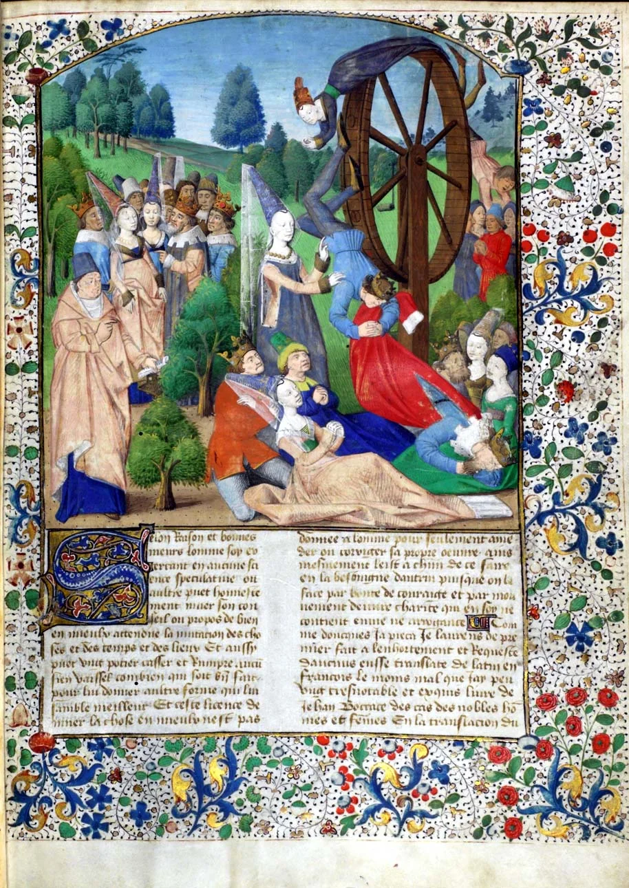 This is a page from a copy of Boccaccio’s writings, featuring this bold image of Fortune and her wheel.