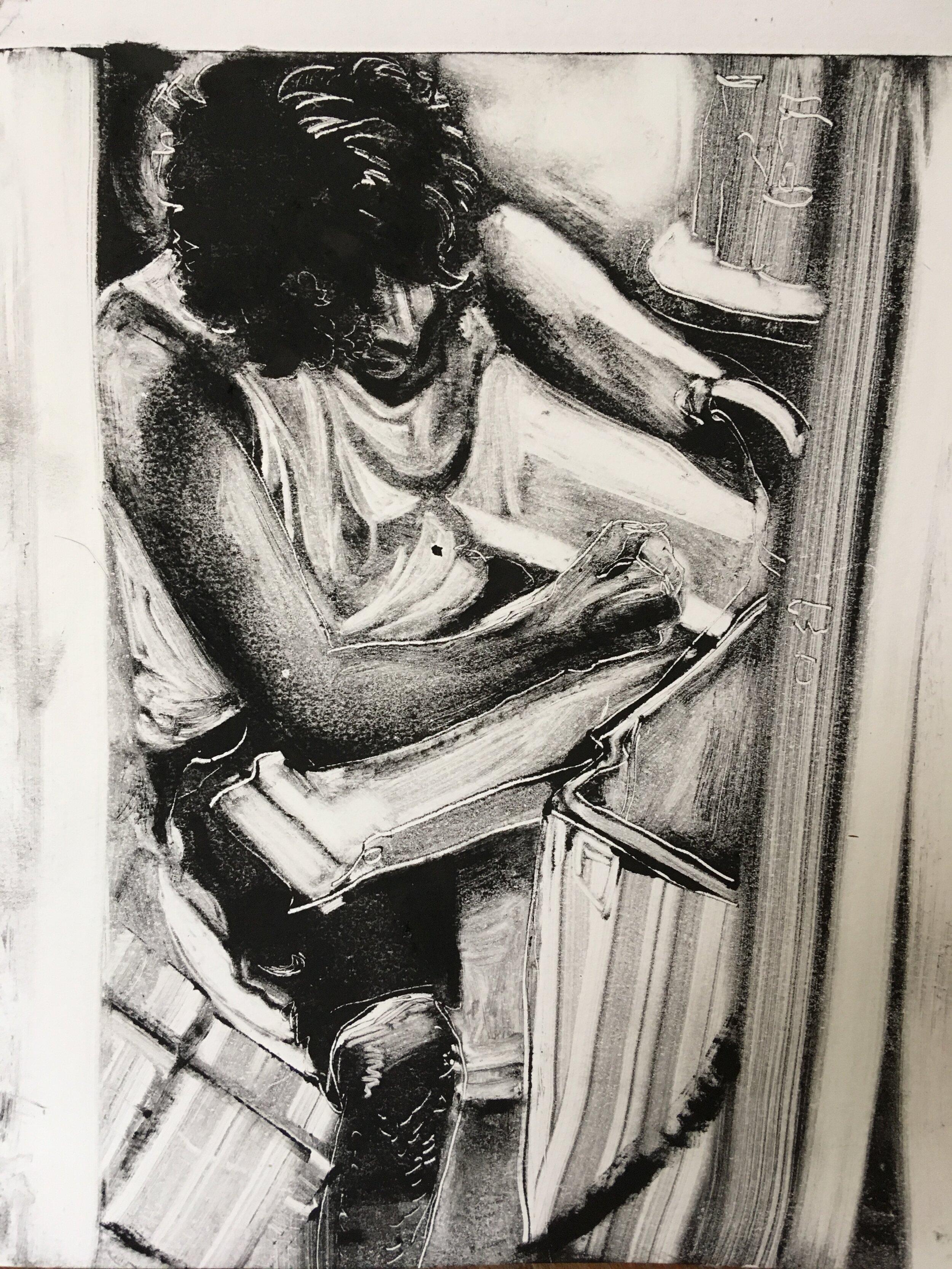 César fixing the toilet (2019), Monoprint on Paper, 11"x14"