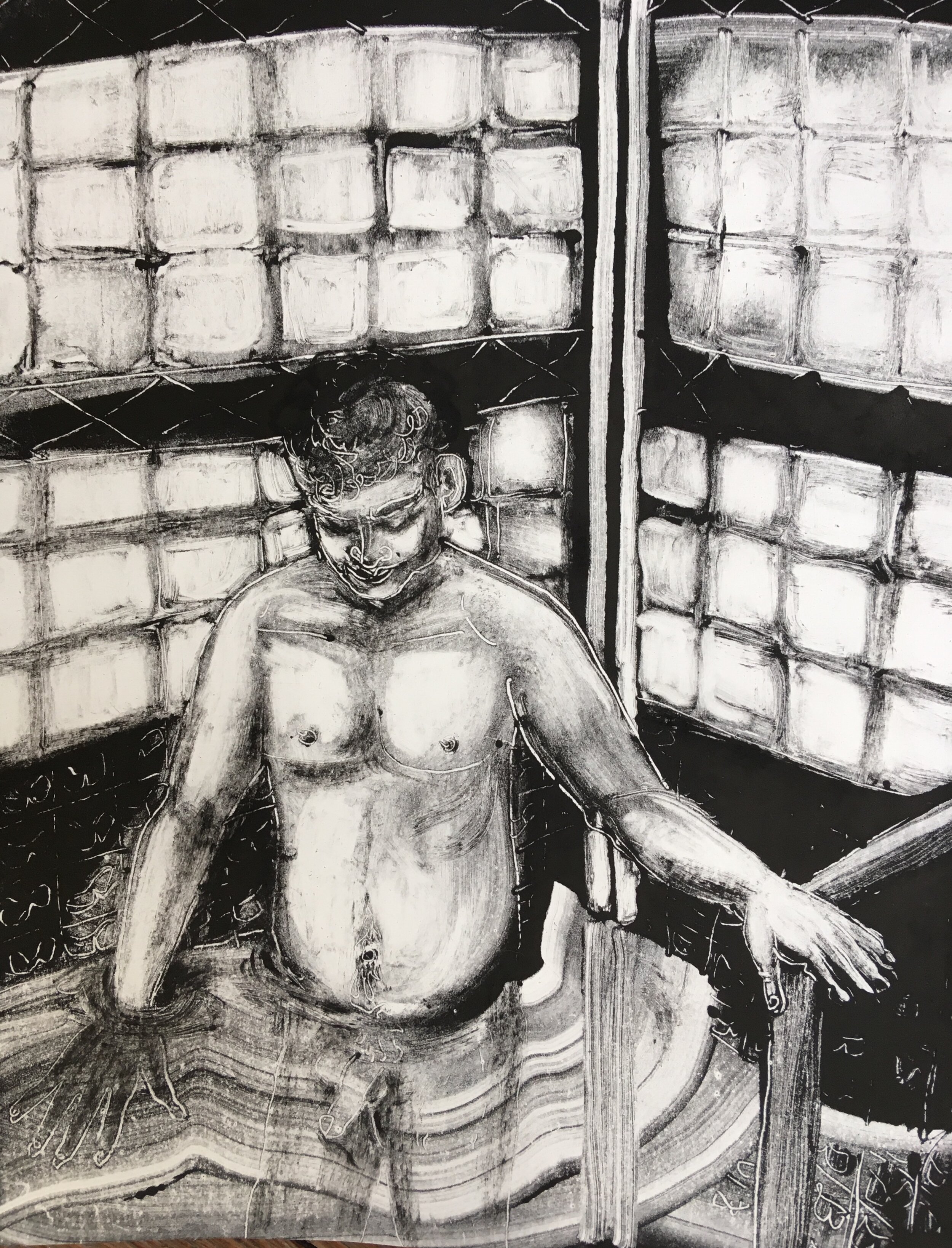 Will's Third Mikvah (2019), Monoprint on Paper, 9"x11"