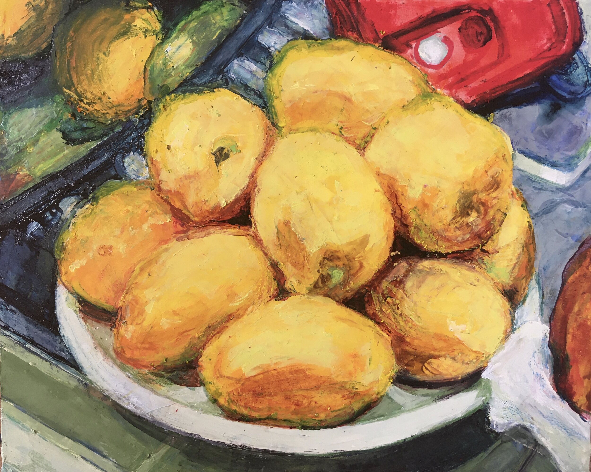 Peeled Mangoes (2020) Oil, Acrylic, Pastel and Colored Pencil on Panel, 10"x8"