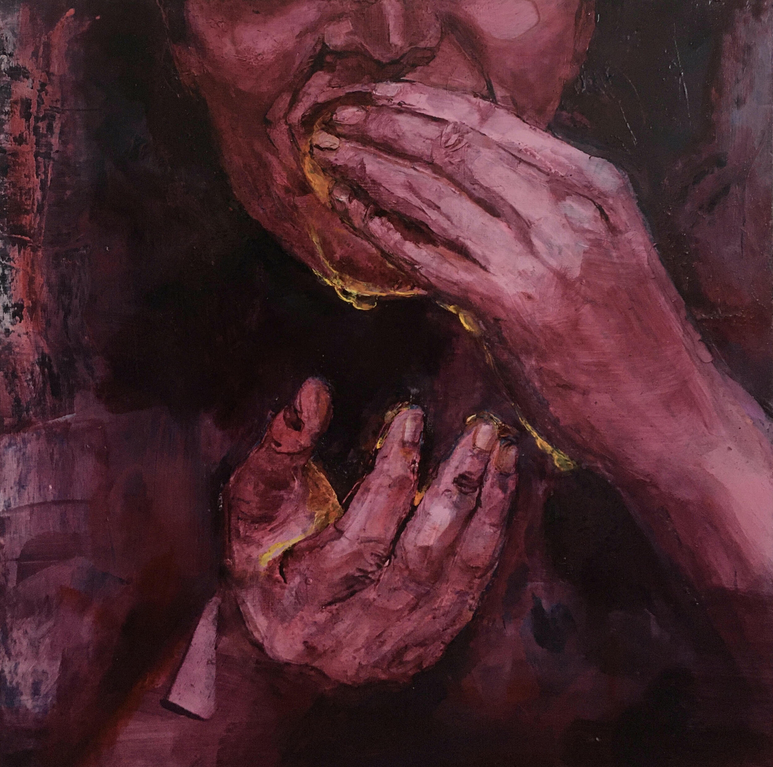 Bite II (2021) Oil, Acryllic, Pastel and Colored Pencil on Panel, 14"x14"