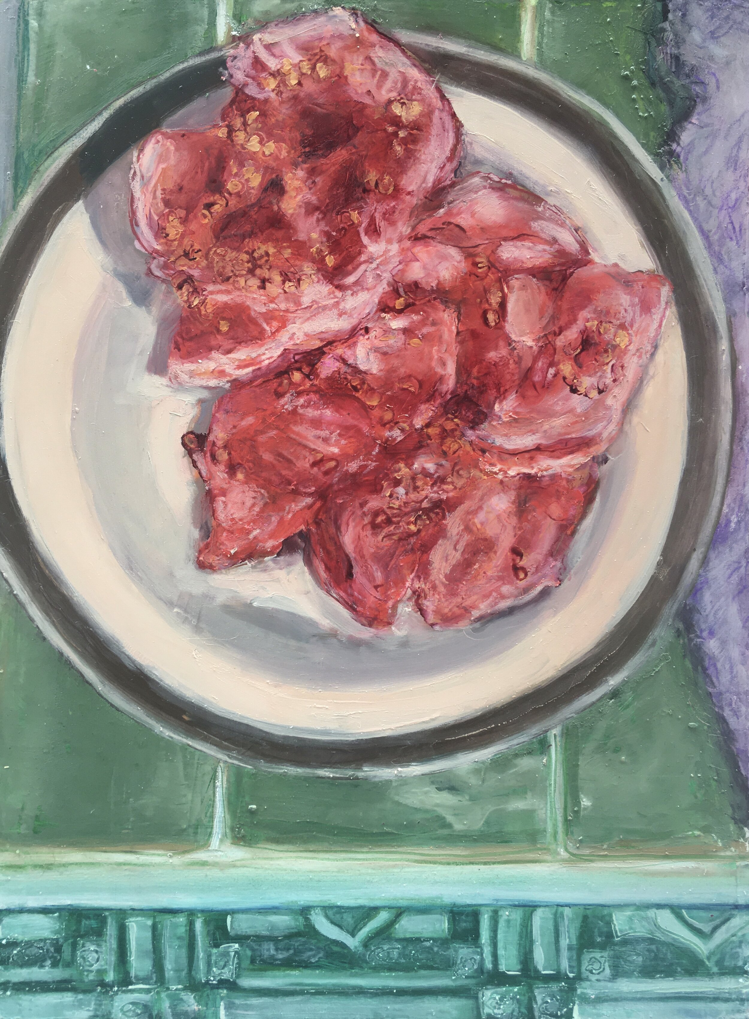 Still Life of Fruit as Meat (2021) Oil, Acrylic, Colored Pencil and Pastel on Panel, 9"x13"