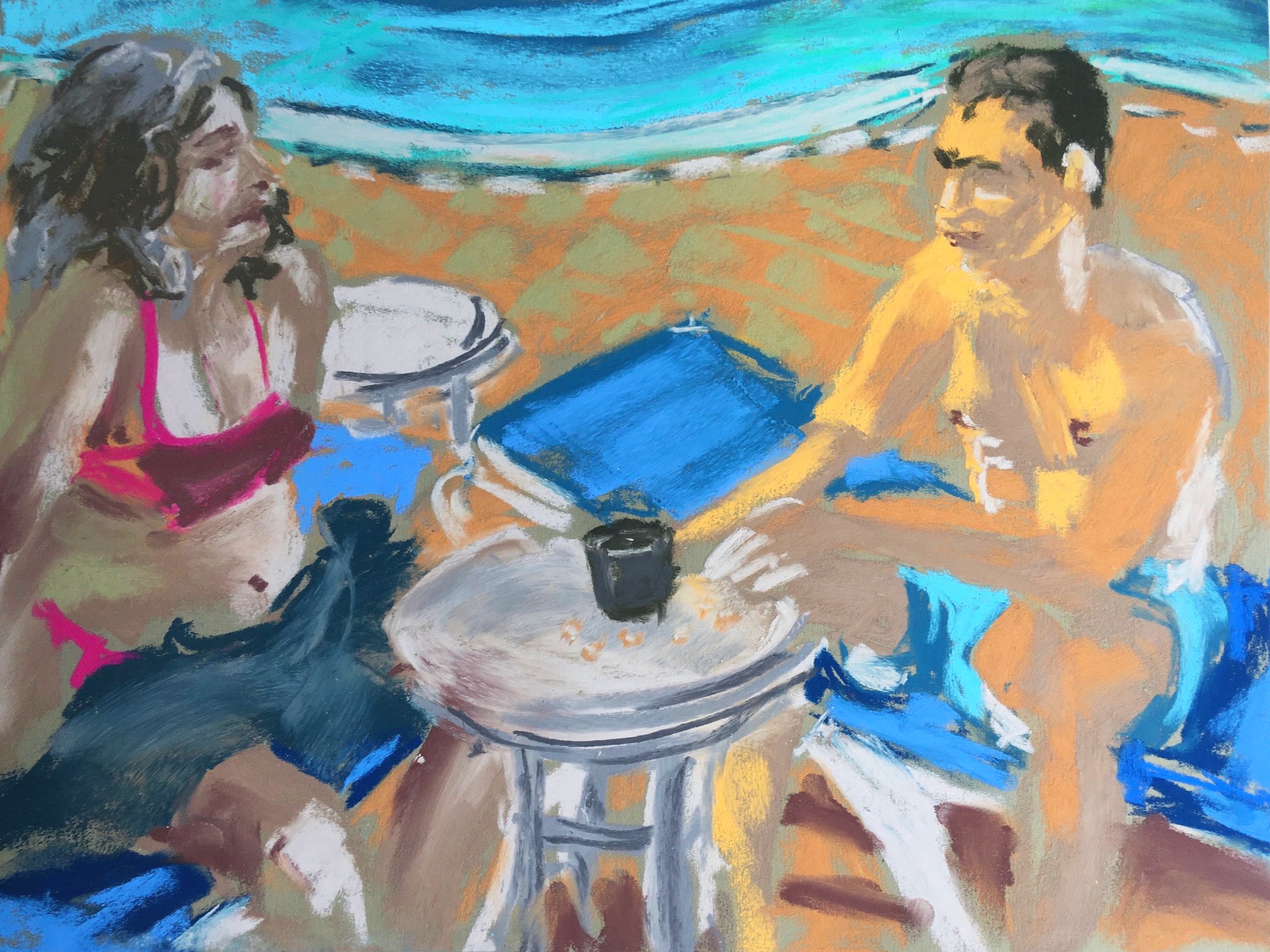 Lauren and César Play Shoot Craps Poolside (2022) Pastel on Paper 12"x9"