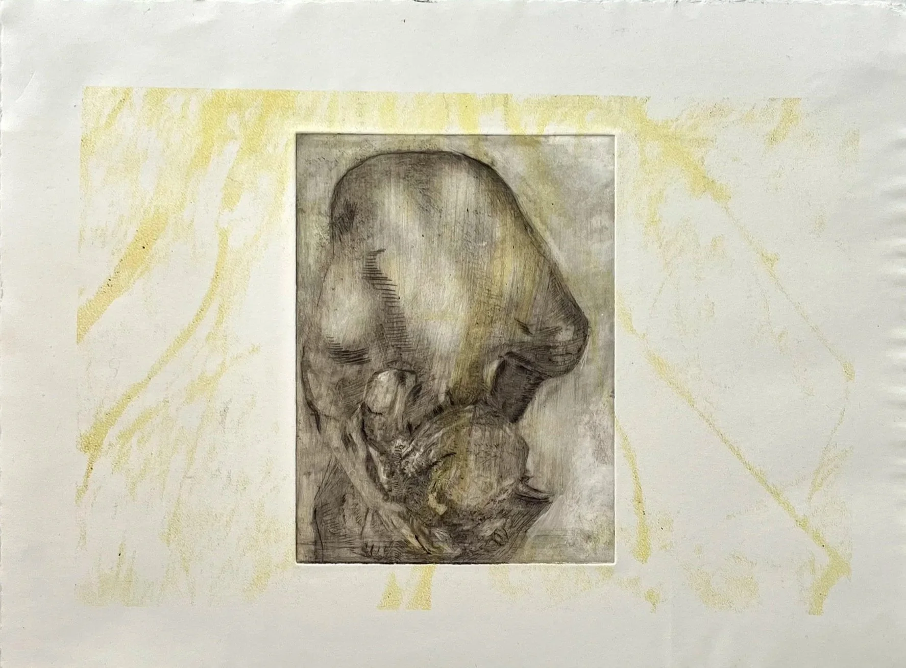 Mom toweling her hair (2026) Etching on Photo-lithograph, 9"x12"