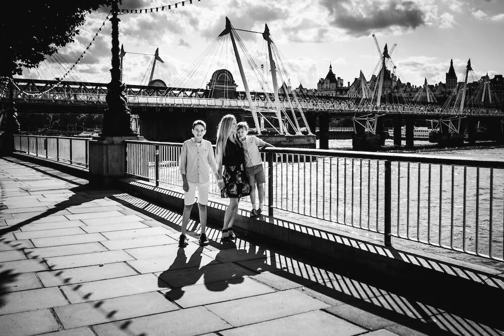 Family Snuggle up on summer photoshoot on London's Southbank