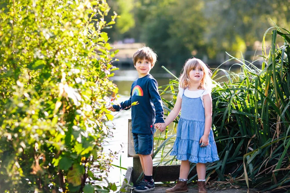 * Children playing by the pond on Wandsworth Common during a golden-hour family shoot