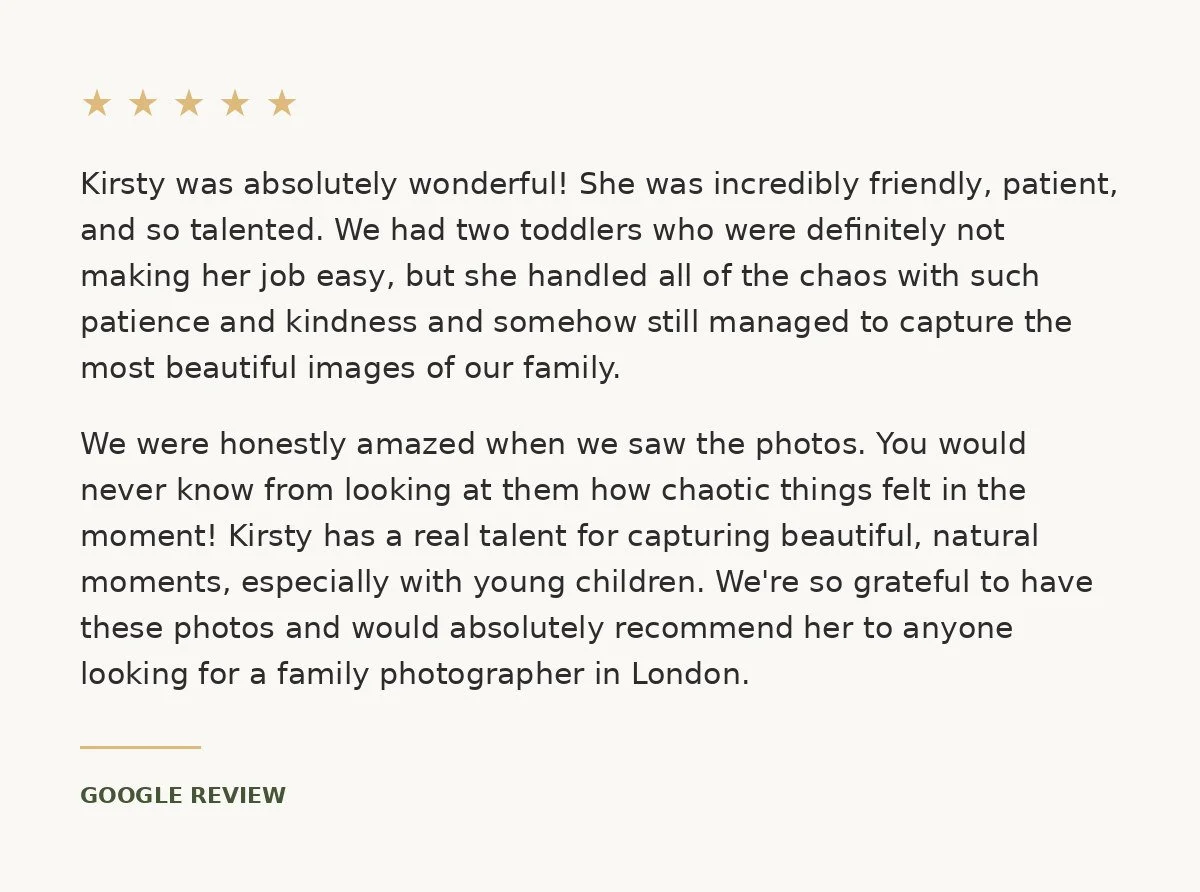 Five-star Google review from a family photoshoot client praising Kirsty's patience with two toddlers and the natural photos she captured.