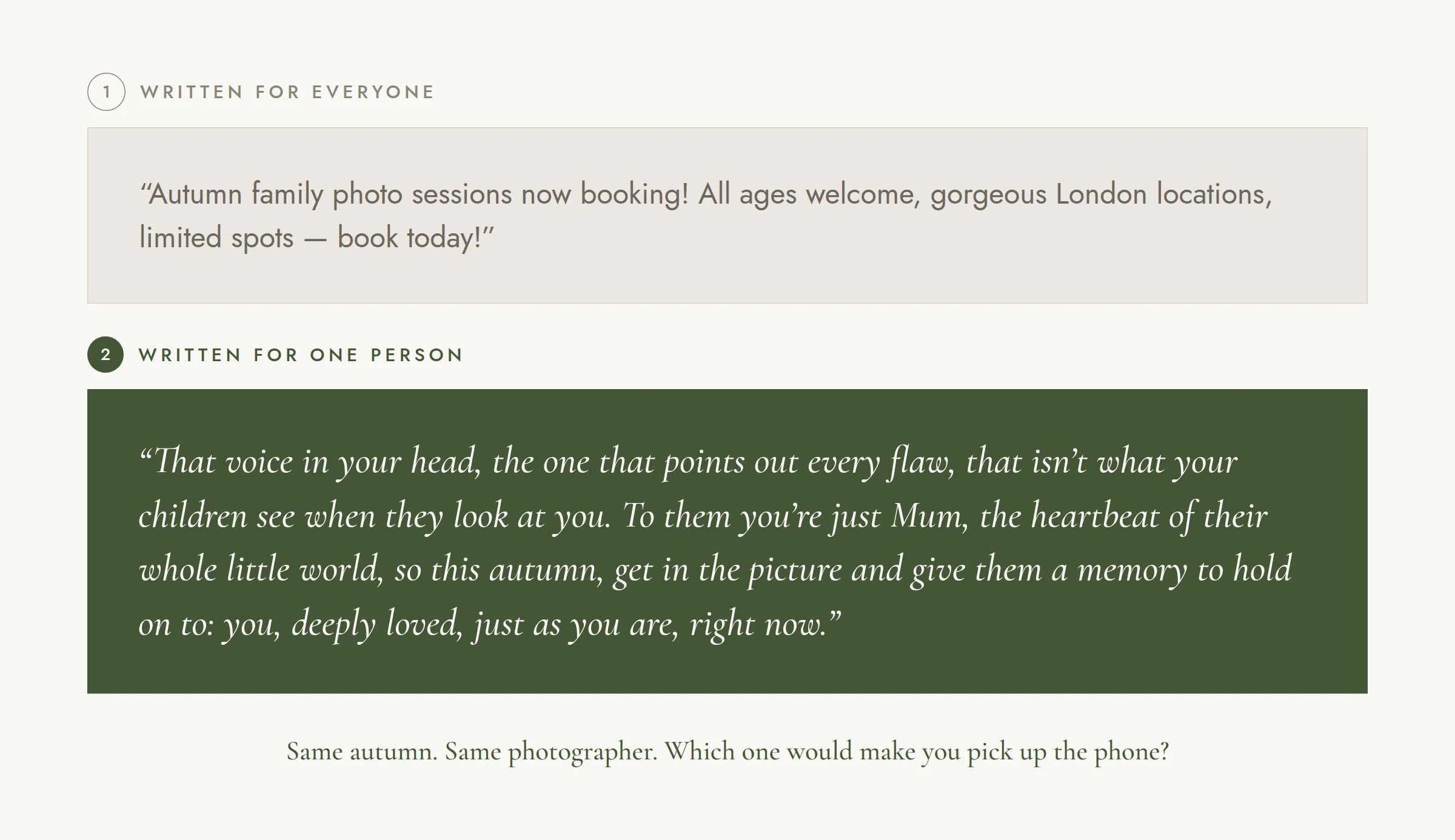 Same autumn photoshoot caption written twice by Kirsty Hamilton: once for everyone, once to one ideal client. Same shoot, same offer, same photographer. Only one gets a reply.