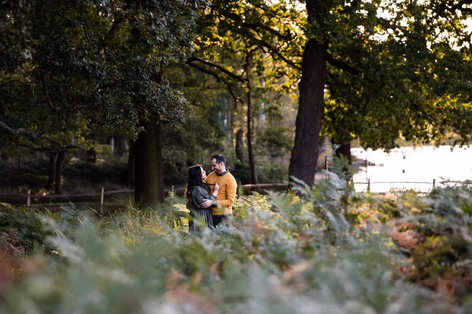 Couple stand among the ferns turning gold in the early Autumn sunshine in Richmond Park