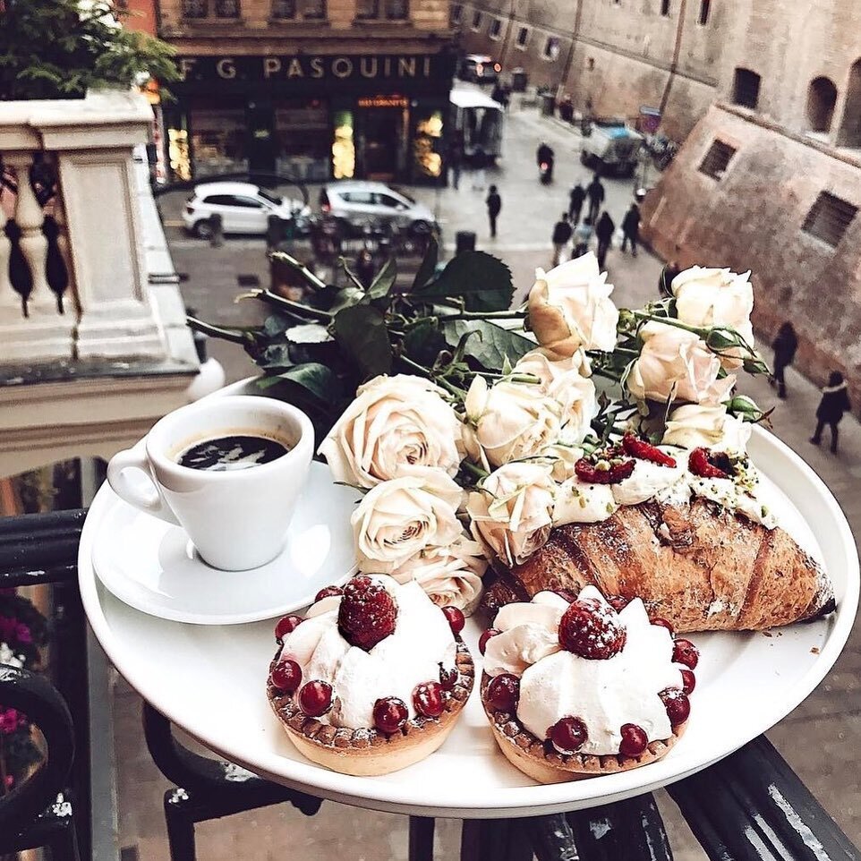 four of my favorite things - coffee, roses, cake, croissants