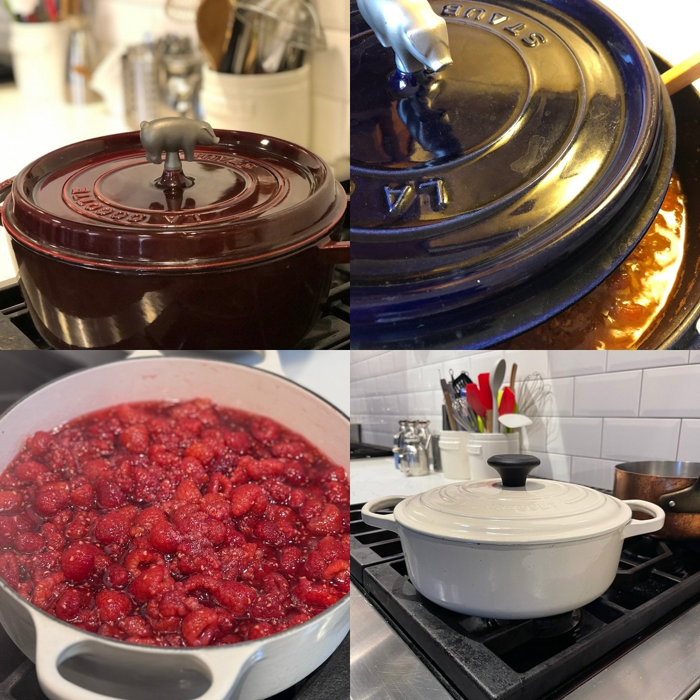Last month @bonappetitmag magazine featured an article on enameled cast iron pots- comparing STAUB and LE CREUSET.
It's  a question we are often asked here in the cooking school we thought we'd share our own observations where we use both . 

If you'