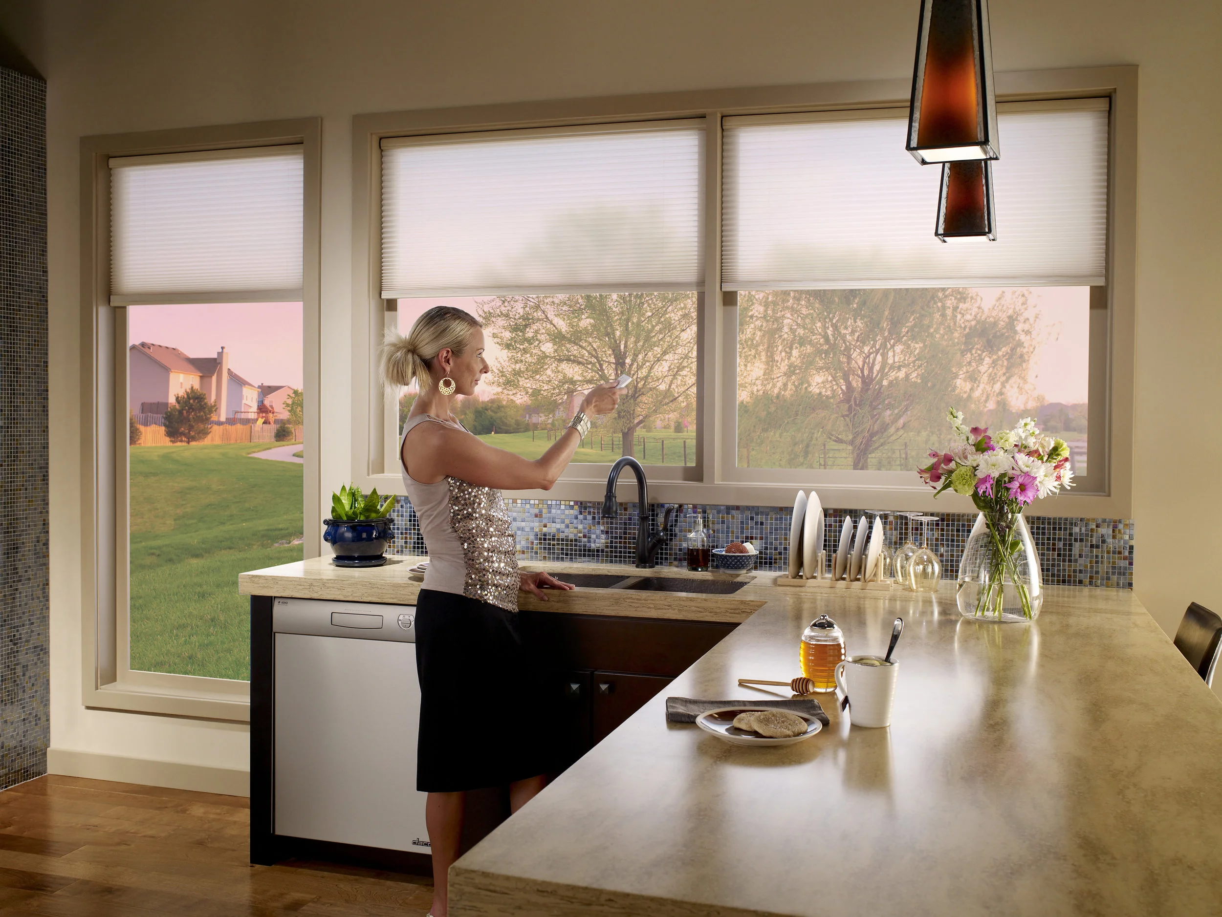 Motorized Shades Motorized shades add comfort and convenience. Imagine having your shades automatically come down when the evening sun starts to heat up your room. Motorized shades also add privacy and security to your smart home.