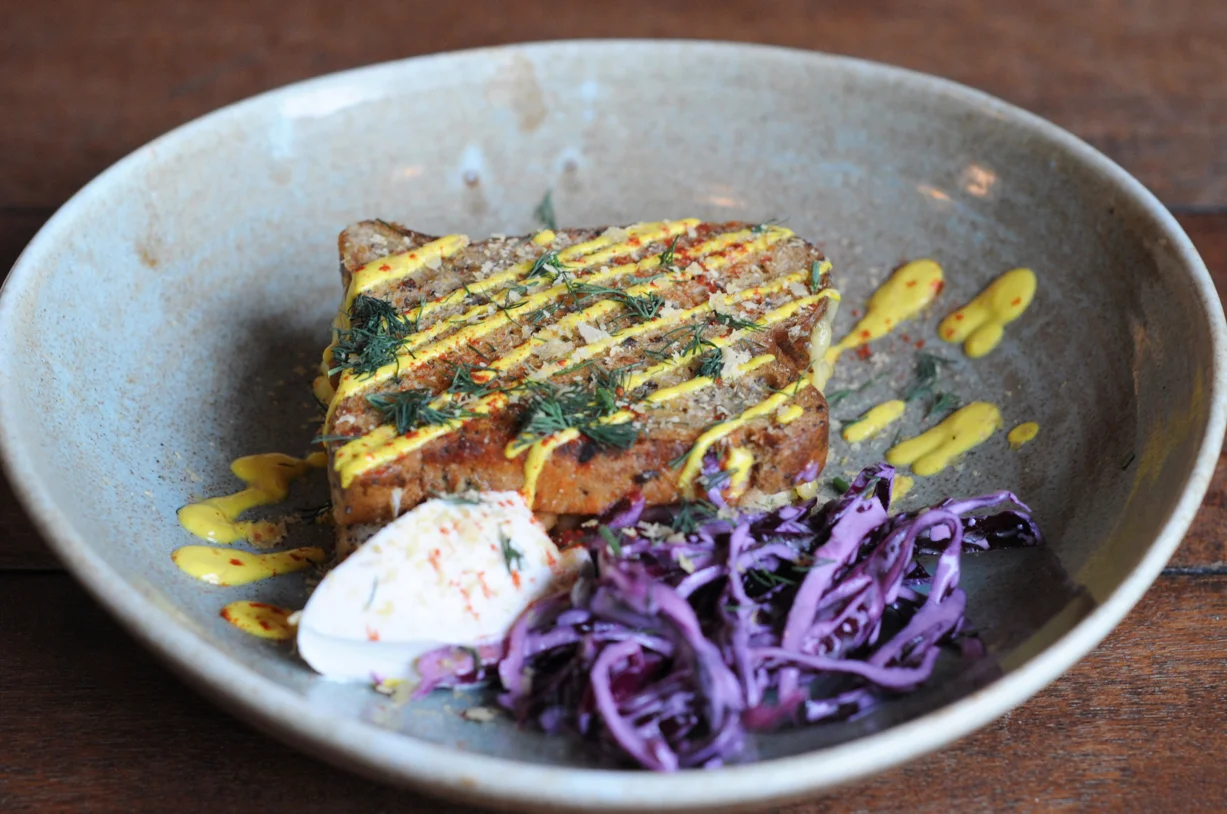 The No Kill Grill: vegan cheese grilled sandwich with cashew cheese, spiced beans and kimchi.
