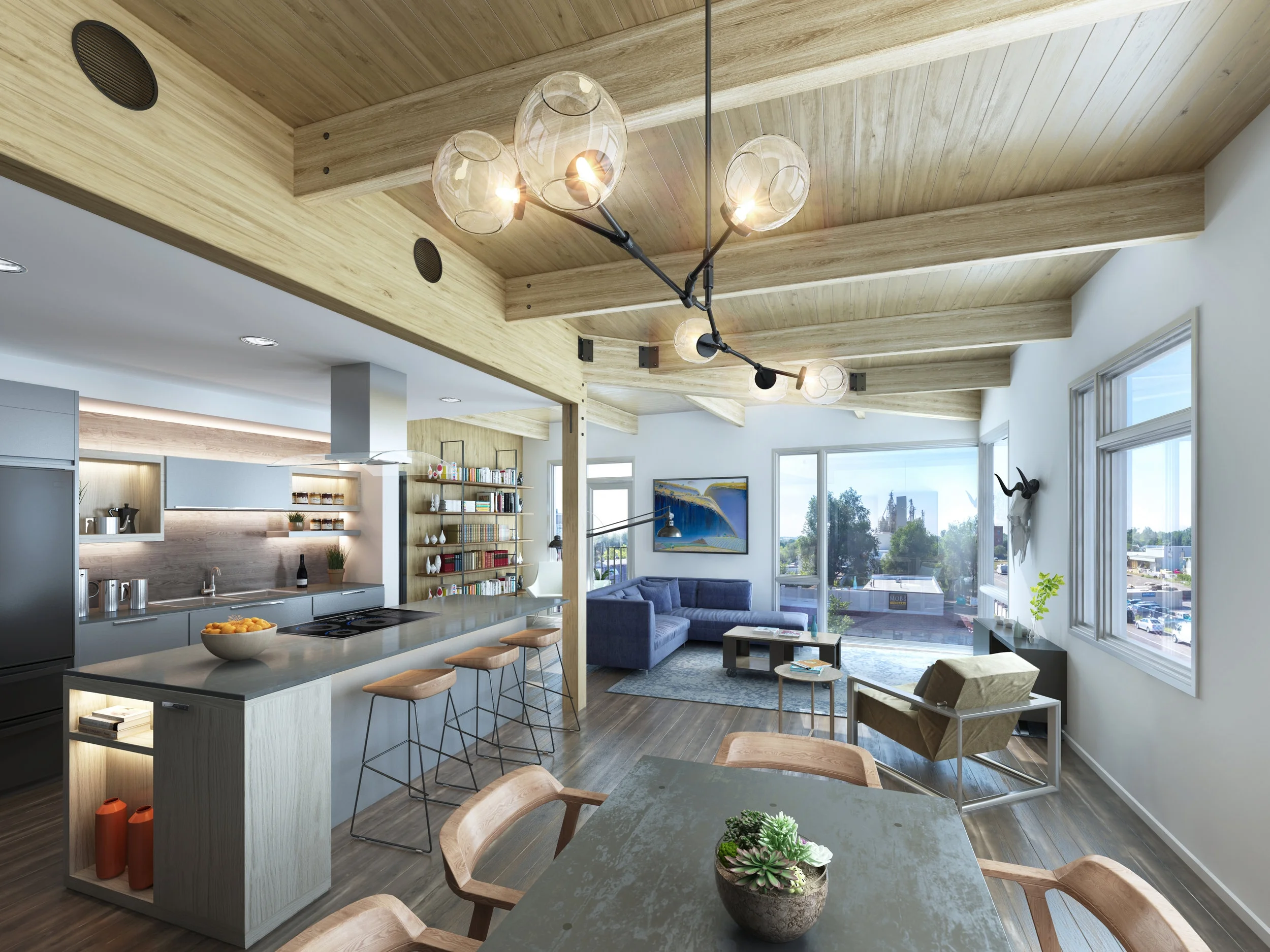 Kitchen Finishes Dark Grey Solid Surface Quartz Counter Tops, Warm Grey Laminate Cabinets with Bleached Woodgrain Laminate Accent Cabinets, Woodgrain Plank Full-Height Backsplash, Stainless Steel Appliances, Brushed Stainless Steel Drawer and Cabinet Pulls, Concealed Work Surface Lighting