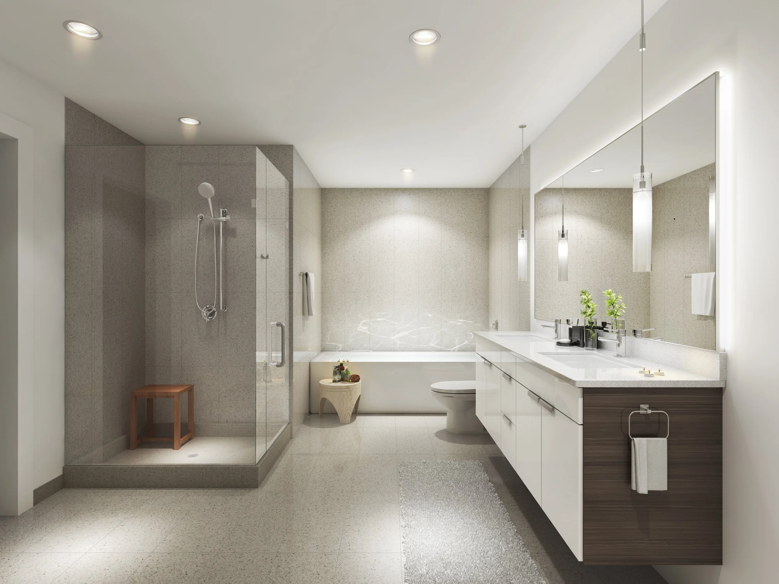 Bathroom Finishes White Solid Surface Quartz Counter Top and Backsplash, White Laminate Cabinets with Dark Woodgrain Laminate Accent Cabinets, Glass Shower Enclosure (when applicable), Warm Grey 12 x 24 Porcelain Tile on Floors and Full Height Wet Area Walls, Brushed Stainless Steel Drawer and Cabinet Pulls, Chrome Shower and Bath System
