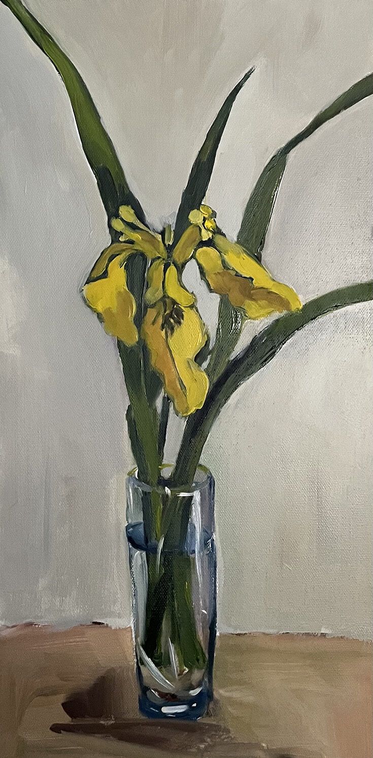 Yellow Iris, Glass Vase
