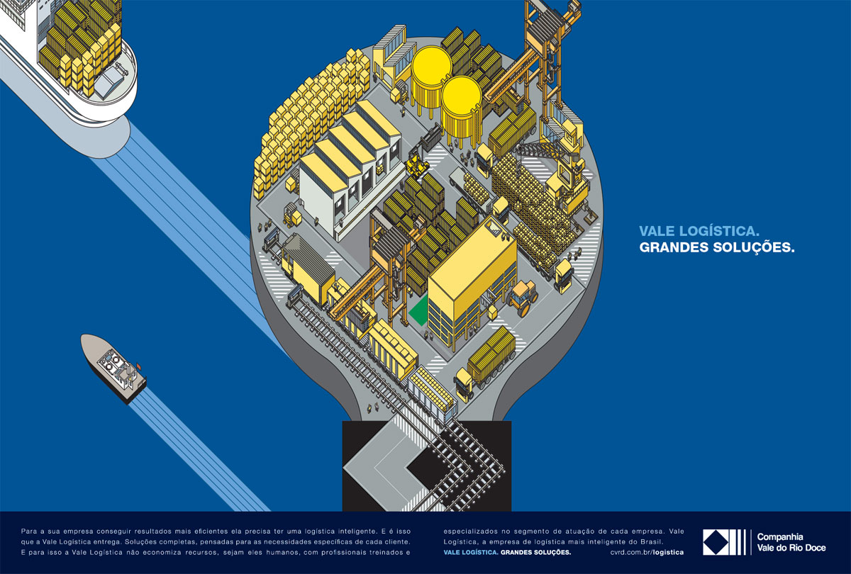 A print campaign in the business media to introduce a new concept, " Vale Logistics. Big solutions ", using vector illustrations to showcase the mathematical-creative intelligence of Vale's solutions.