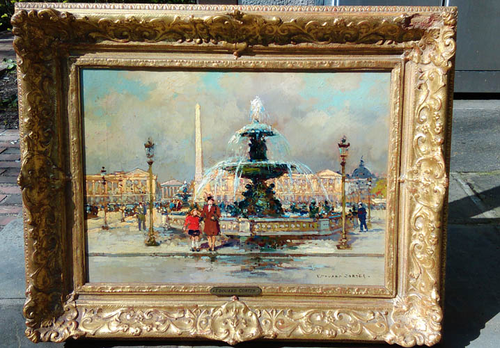 The photo was taken in the direct sunlight. The photo is very harsh instead of rendering soft romantic feeling - which is required for this type of painting depicting scenery from the turn of the century. Left side of the frame is in stark shadow, so beautiful detail of the frame is not showing. The photo should be taken in the shadow - the other side of the house or in a cloudy day. then it will be much nicer to edit to give beautiful presentation on the web page.