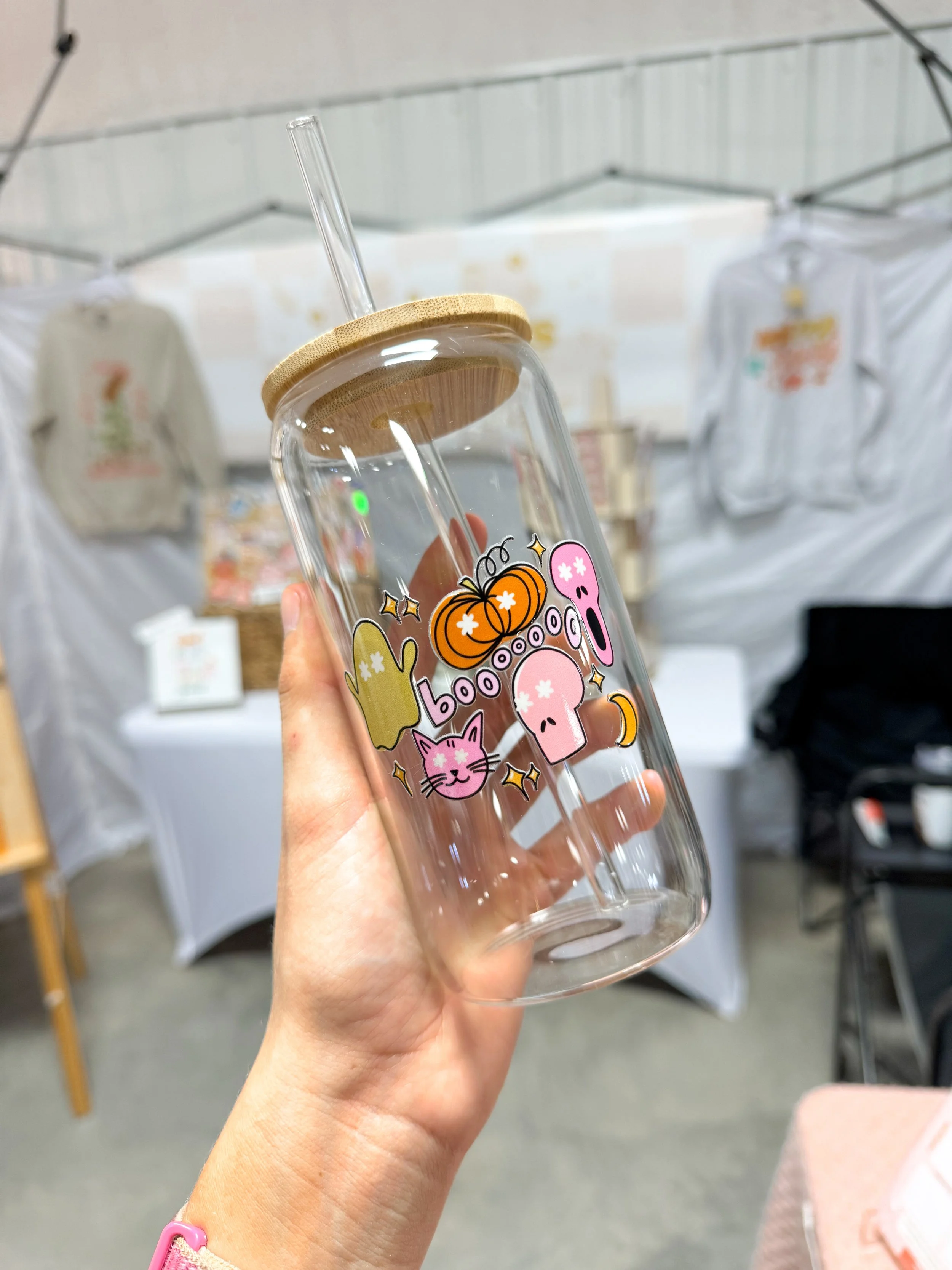 New! Halloween Can Glass w/ bamboo lid and straw