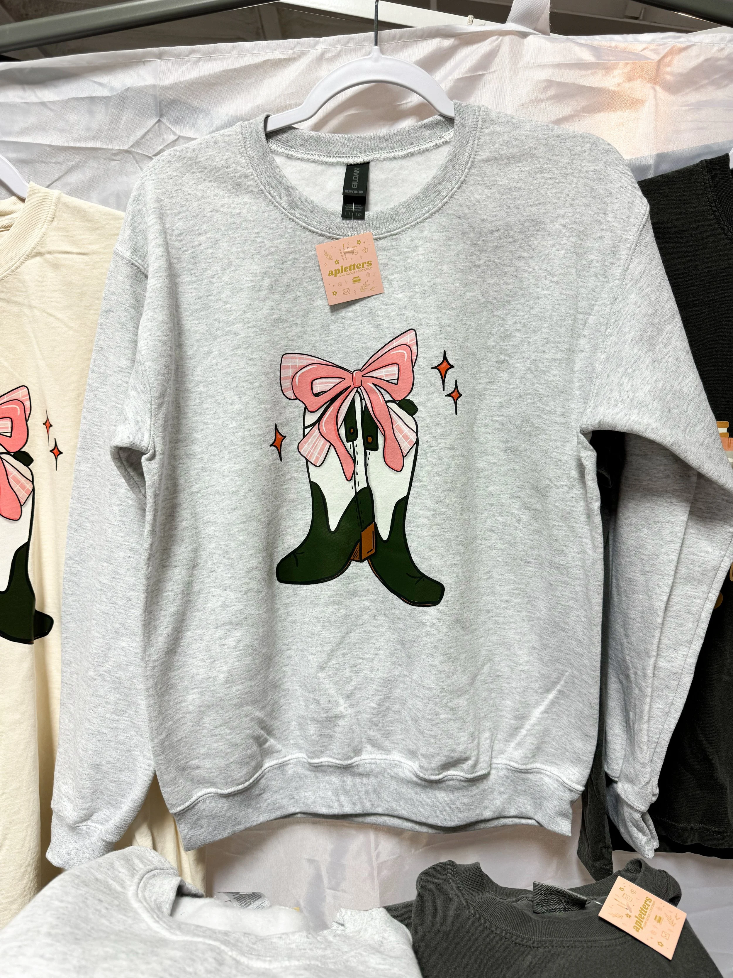 New! Boots and Bow Sweatshirt - on Grey