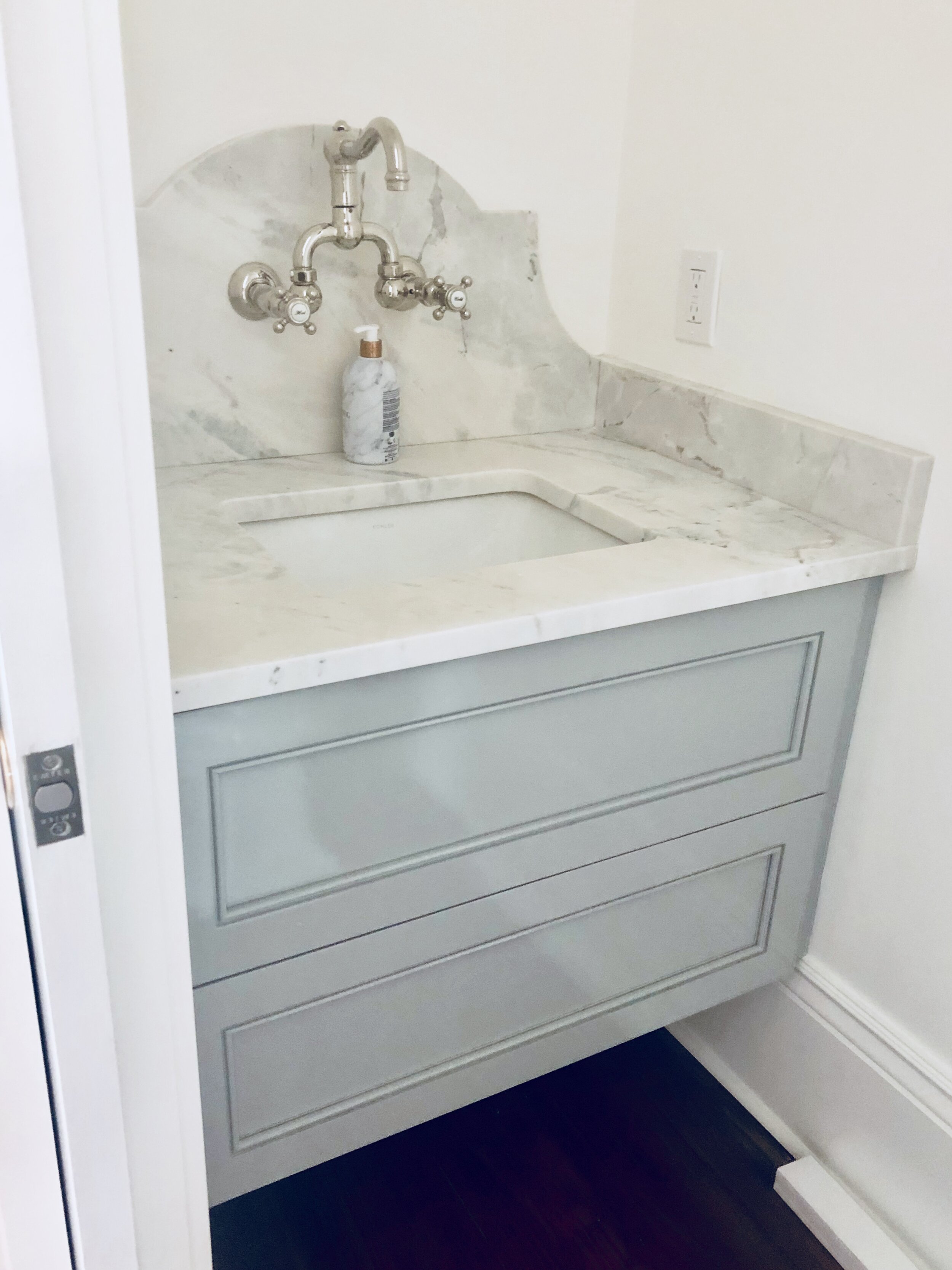 blue powder room vanity