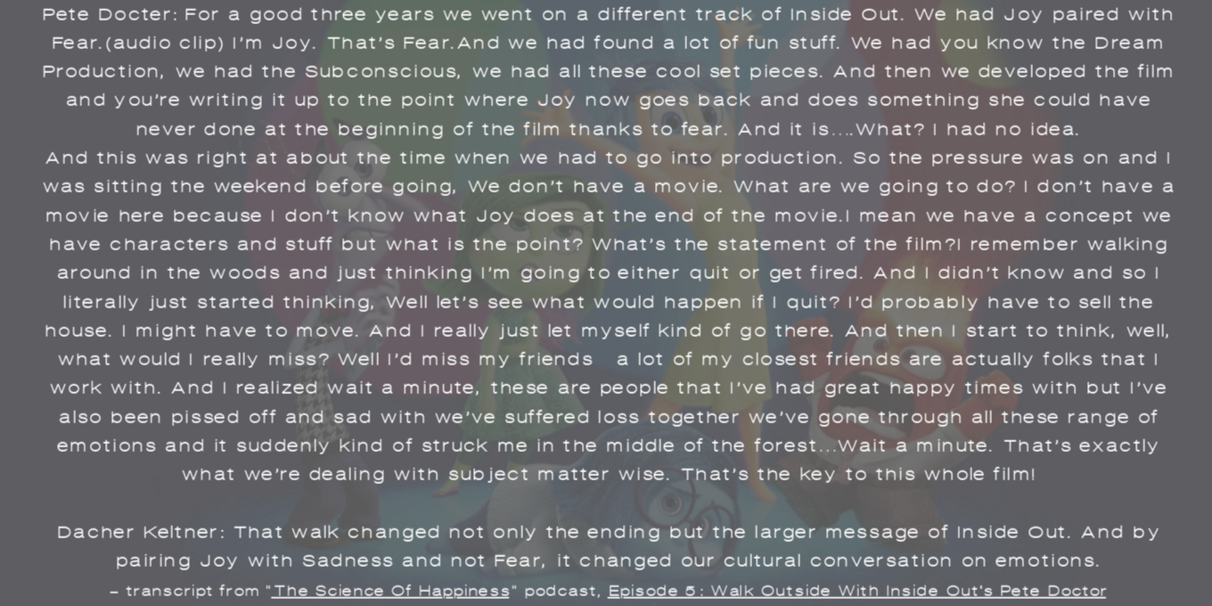 Directly from the Director's mouth: Here's Director Pete Doctor's insight on why Inside Out ended the way it did. Podcast and transcript available from: https://greatergood.berkeley.edu/podcasts/item/walk_docter_inside_out