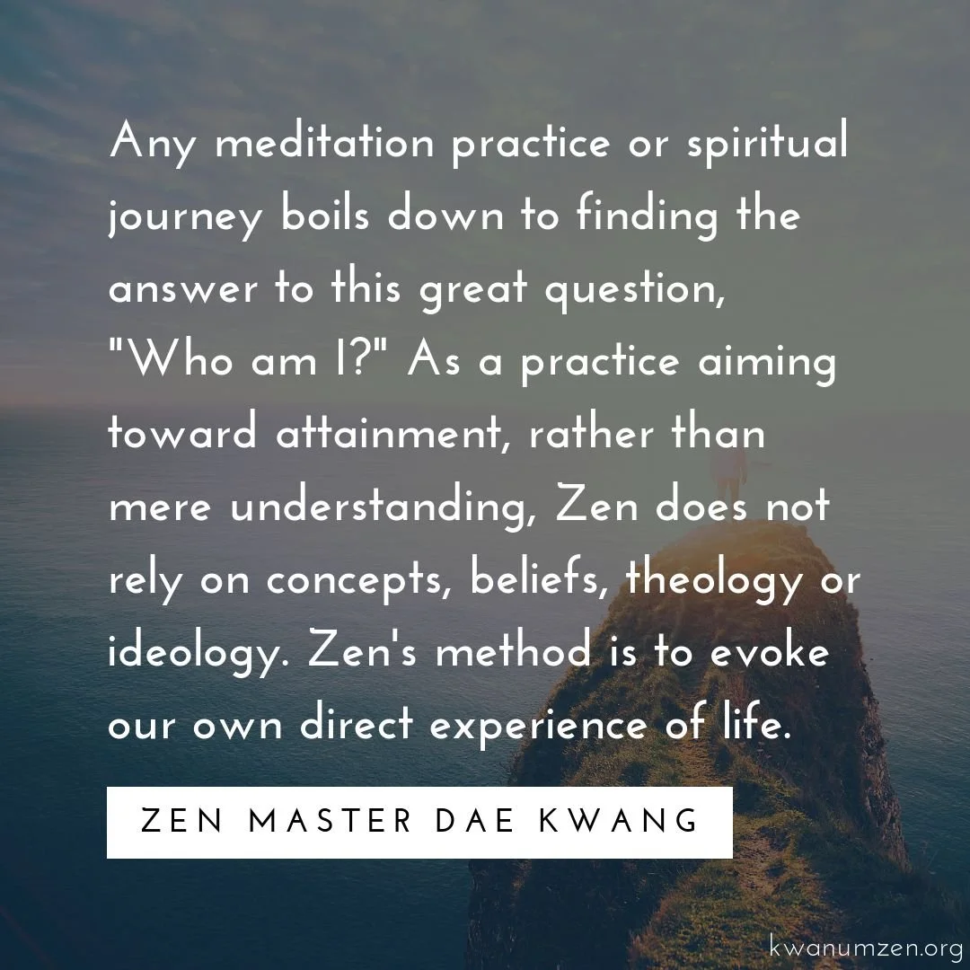 Any meditation practice or spiritual journey boils down to finding the answer to this great question, &quot;What am I?&quot; Quote by Zen Master Dae Kwang. #zen #meditation #spiritualpractice #whoamI #attainment #experience #kwanumzen