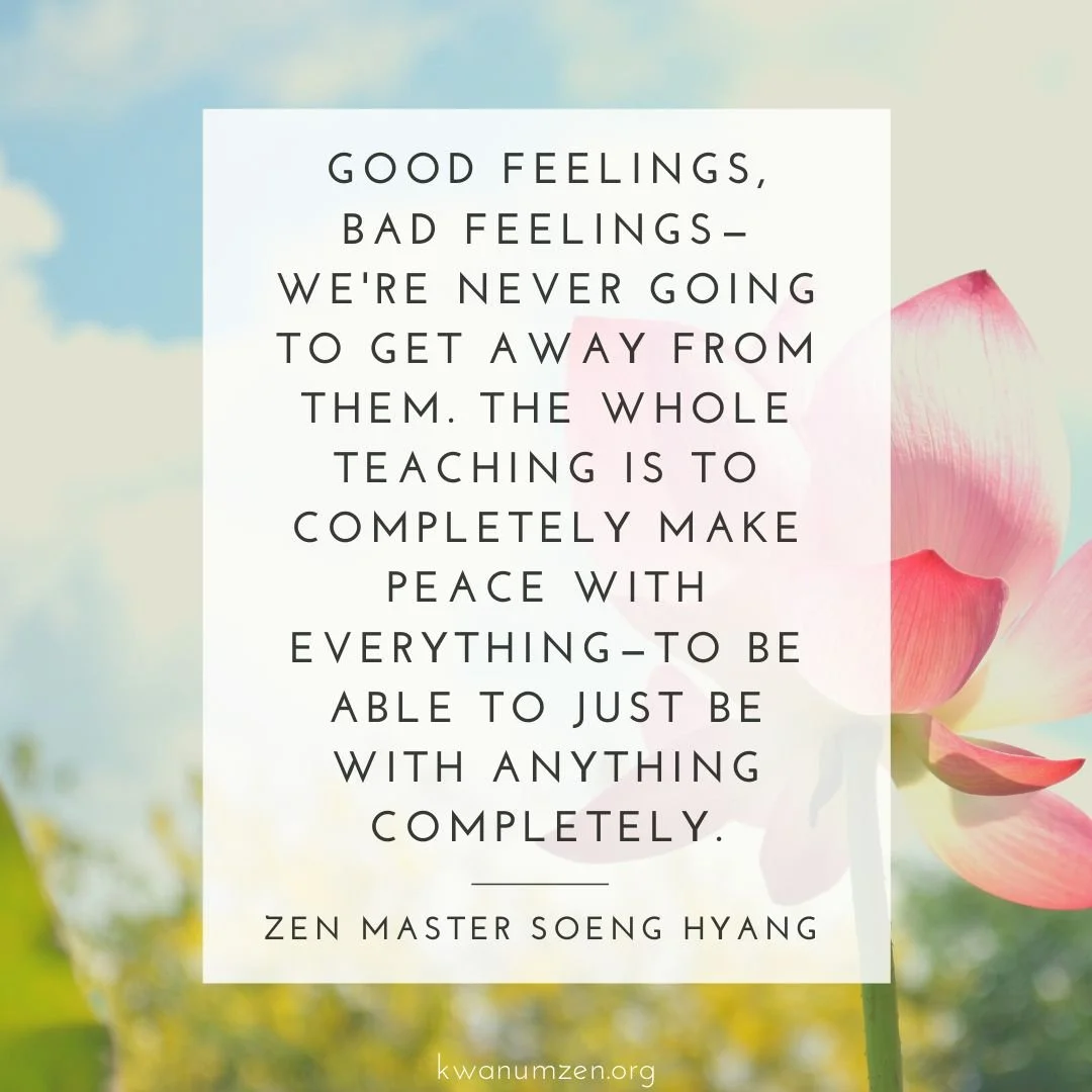 &quot;Good feeling, bad feelings &mdash; we're never going to get away from them.&quot; Quote by Zen Master Soeng Hyang. #zen #meditation #buddhism #feelings #peace #kwanumzen https://bit.ly/3ZVU4vT
