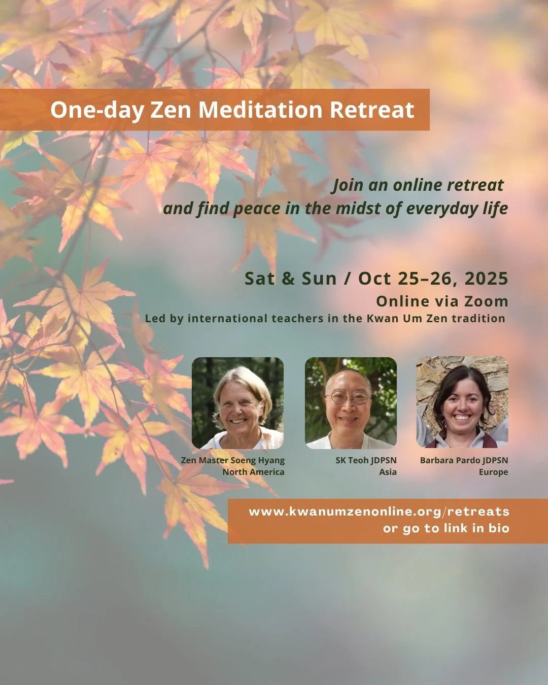 Find peace at home: Join us for a one-day online Zen retreat designed to help you reconnect, refocus, and recharge&mdash;right where you are. Whether you're new to meditation or looking to deepen your practice, you'll receive:
🤝Personal guidance thr