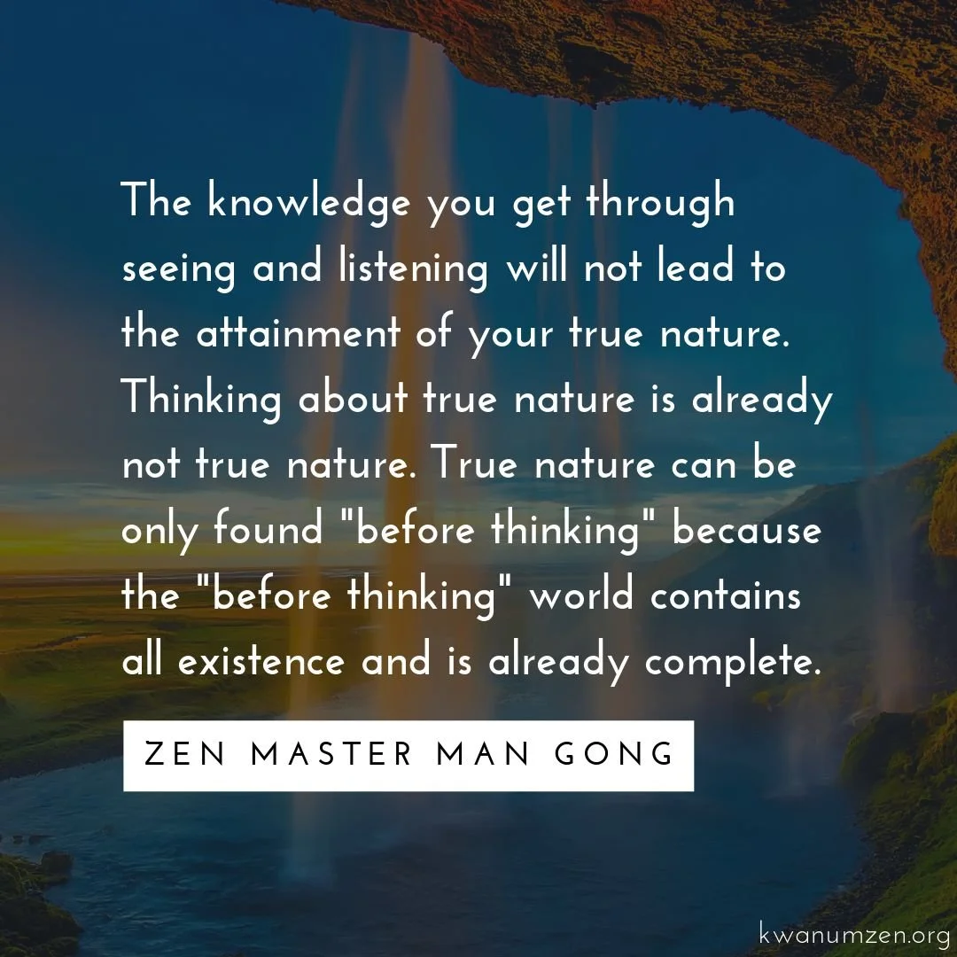 "The knowledge you get through seeing and listening will not lead to the attainment of your true nature." Quote by Zen Master Man Gong. #zen #attainment #truenature #beforethinking #complete
