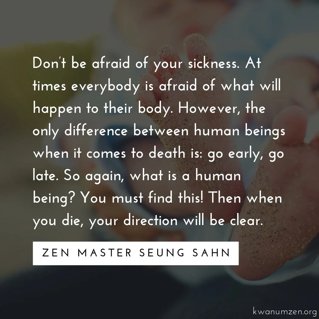 "Don't be afraid of your sickness." Quote by Zen Master Seung Sahn. #zen #sickness #human #death #clear #humanbody #zmseungsahn #kwanumzen