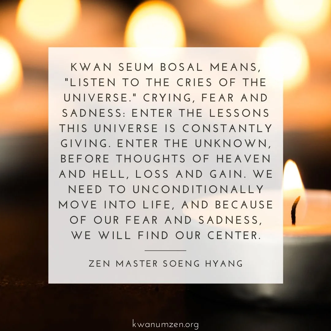 "Crying, fear and sadness: Enter the lessons this universe is constantly giving." Quote by Zen Master Soeng Hyang. #zen #compassion #fear #sadness #meditation #kwanumzen