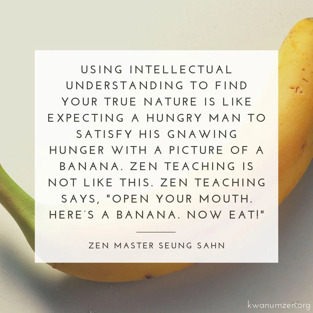"Using intellectual understanding to find your true nature is like expecting a hungry man to satisfy his gnawing hunger with a picture of a banana." Quote by Zen Master Seung Sahn. #zen #truenature #intellect #understanding #attainment #zms