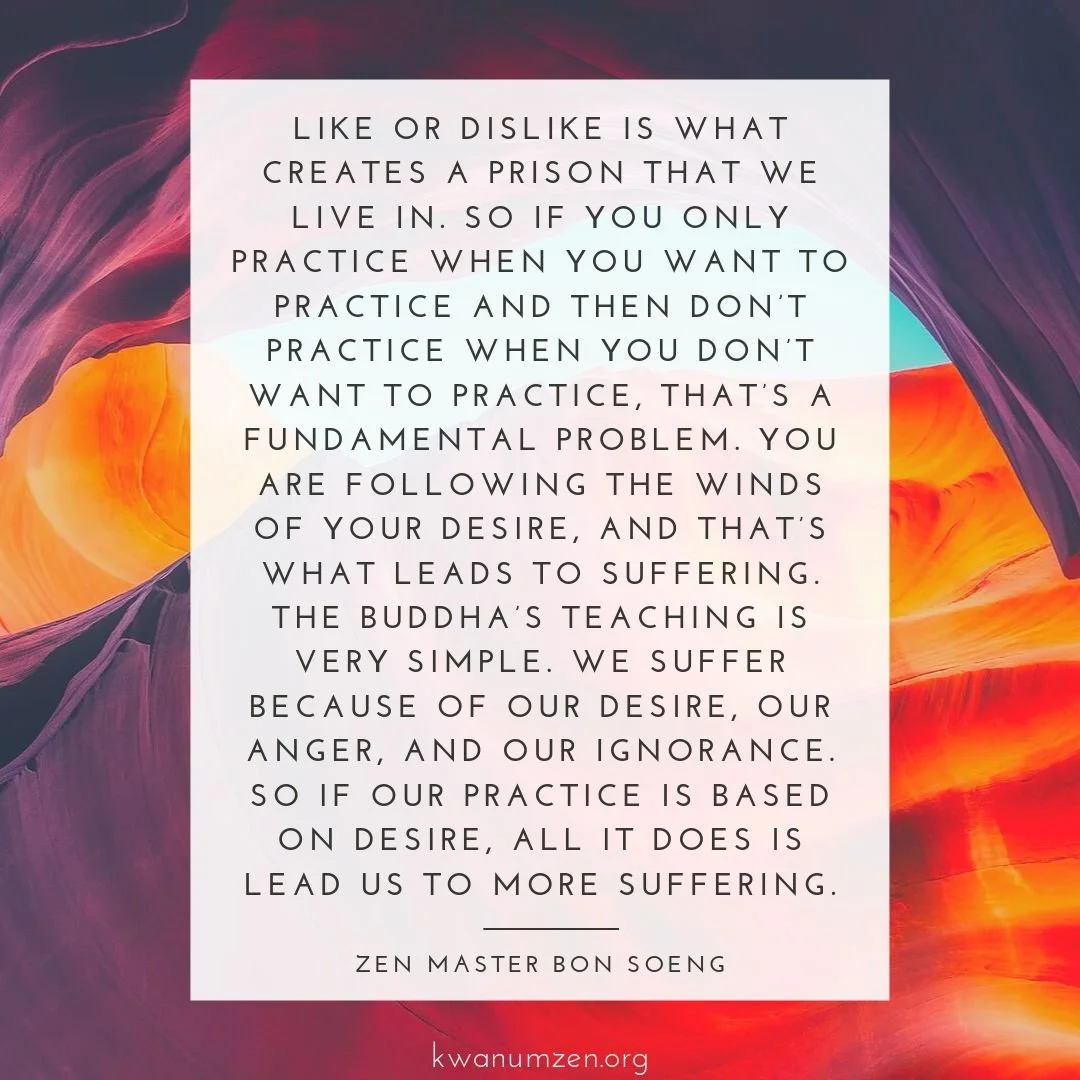 "Like or dislike is what creates a prison that we live in." Quote by Zen Master Bon Soeng. #zen #desire #suffering #meditation #buddhism #kwanumzen