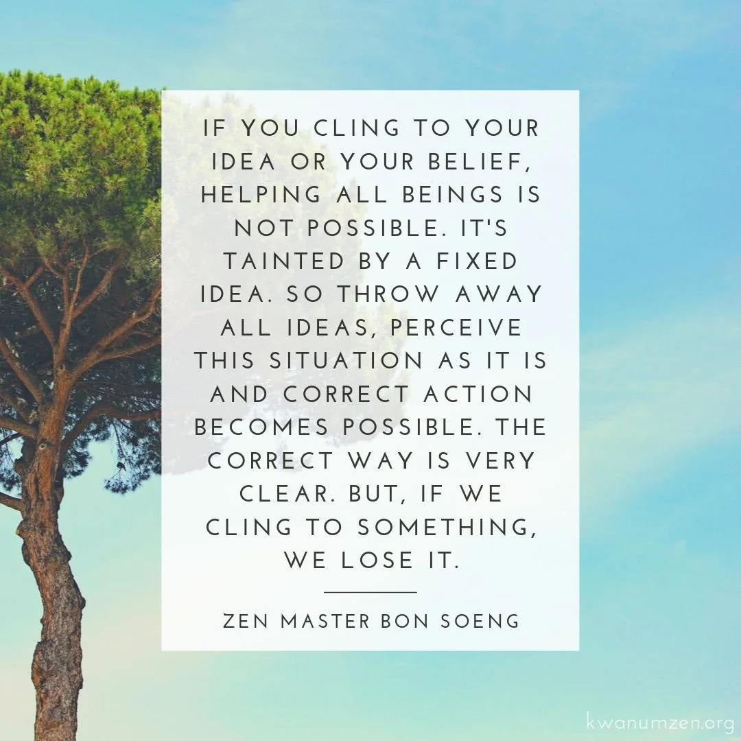 "If you cling to your idea or belief, helping all beings is not possible." Quote by Zen Master Bon Soeng. #zen #beliefs #perceive #clear #correctway #kwanumzen