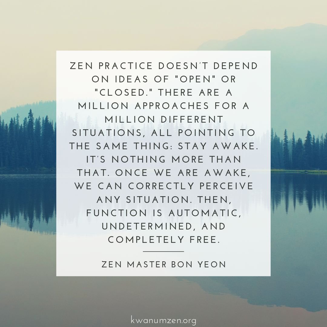 Zen practice doesn't depend on ideas of "open" or "closed." Quote by Zen Master Bon Yeon. #zen #awake #meditation #perceive #freedom #kwanumzen