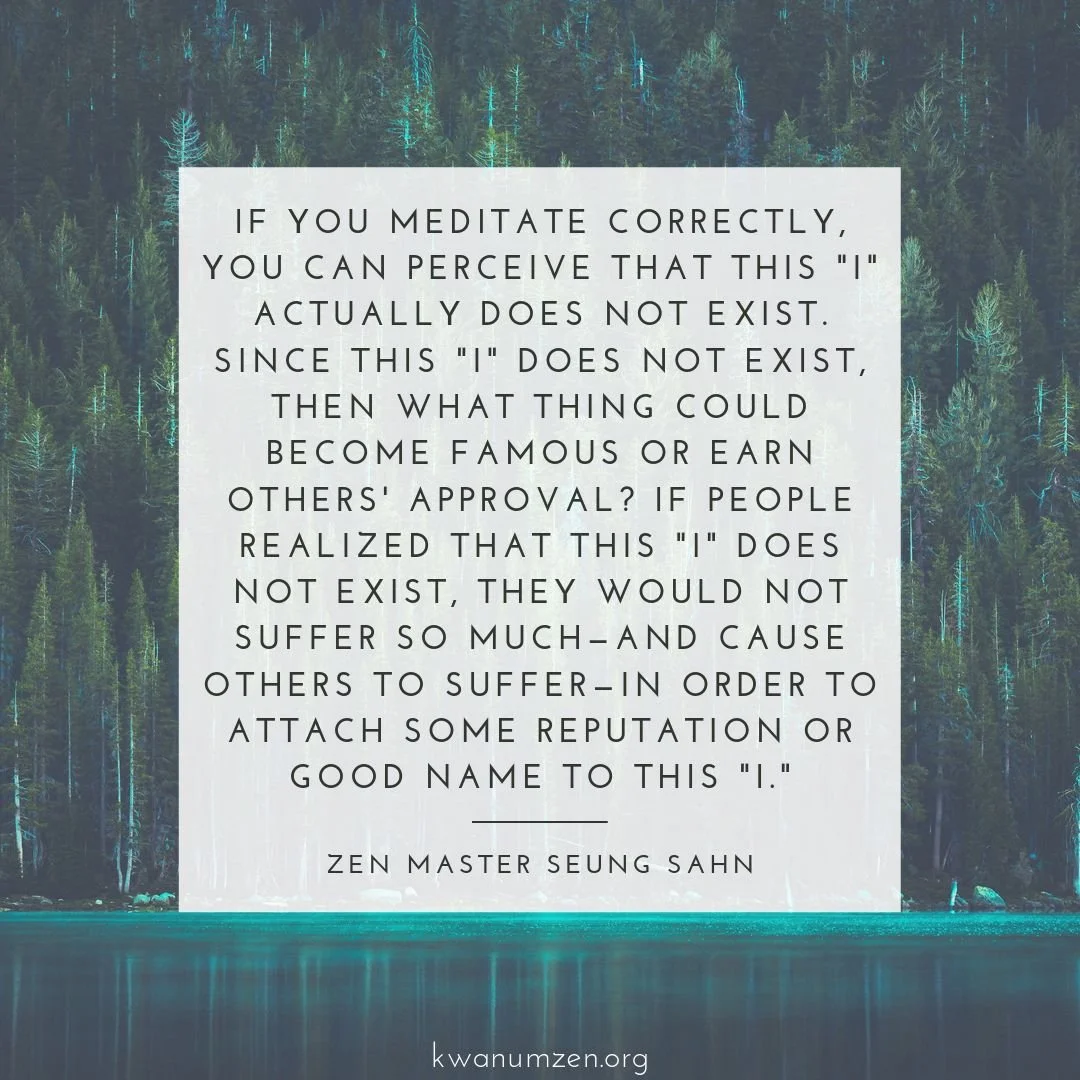 "If you meditate correctly, you can perceive that this 'I' does not exist." Quote by Zen Master Seung Sahn. #zen #meditation #suffering #ignorance #ego #kwanumzen #zmseungsahn