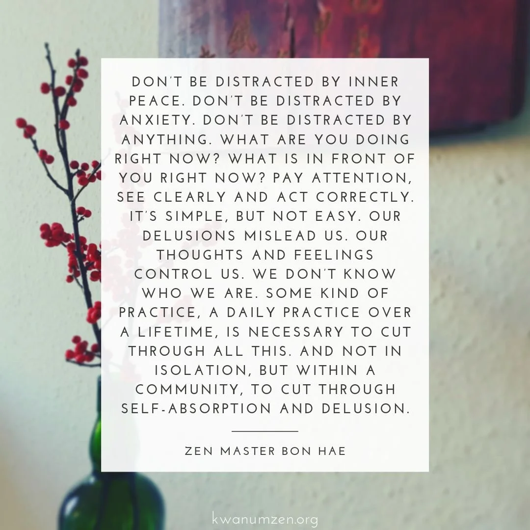 "Don't be distracted by inner peace." Quote by Zen Master Bon Hae. #zen #innerpeace #seeclearly #meditation #community #sangha #kwanumzen