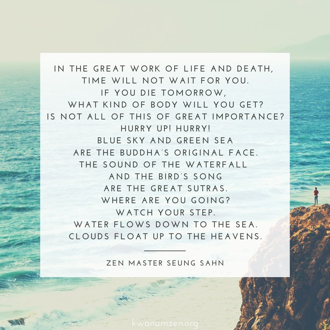 "In the great work of life and death, time will not wait for you." Quote by Zen Master Seung Sahn. #zen #lifeanddeath #buddha #meditation #sutras #zmseungsahn #kwanumzen