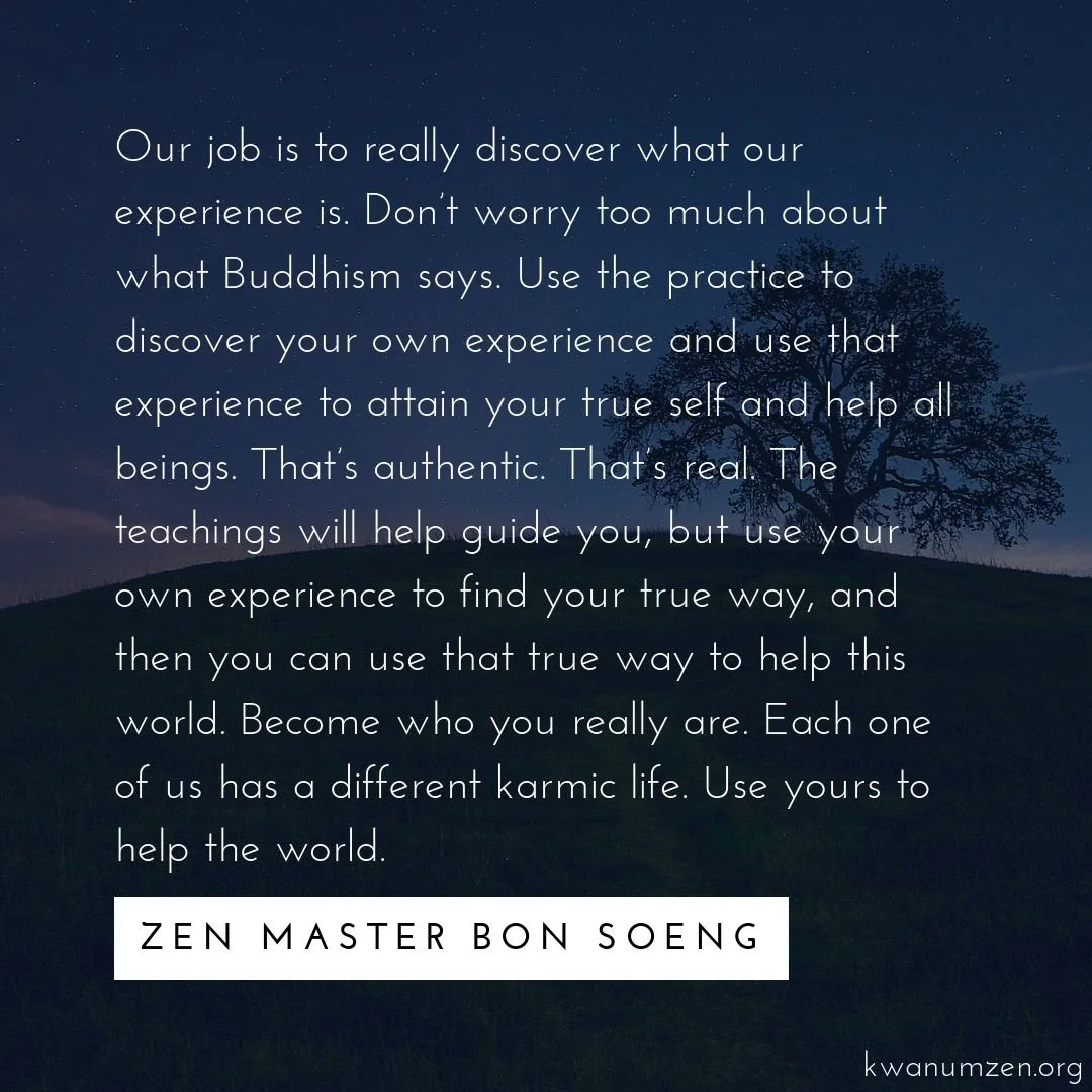 "Our job is to really discover what our experience is." Quote by Zen Master Bon Soeng. #zen #buddhism #authentic #bodhisattva #karma #onlyhelp #kwanumzen