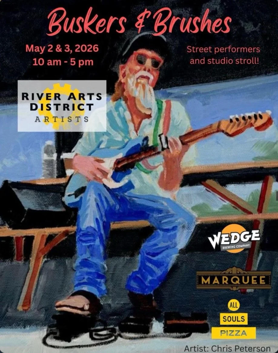 Join us at The Cotton Mill Studios for Buskers &amp; Brushes!  Live Music with Jonathan Snead And FREE @tukittourco rides throughout the @riverartsdistrictasheville with a stop at our door.